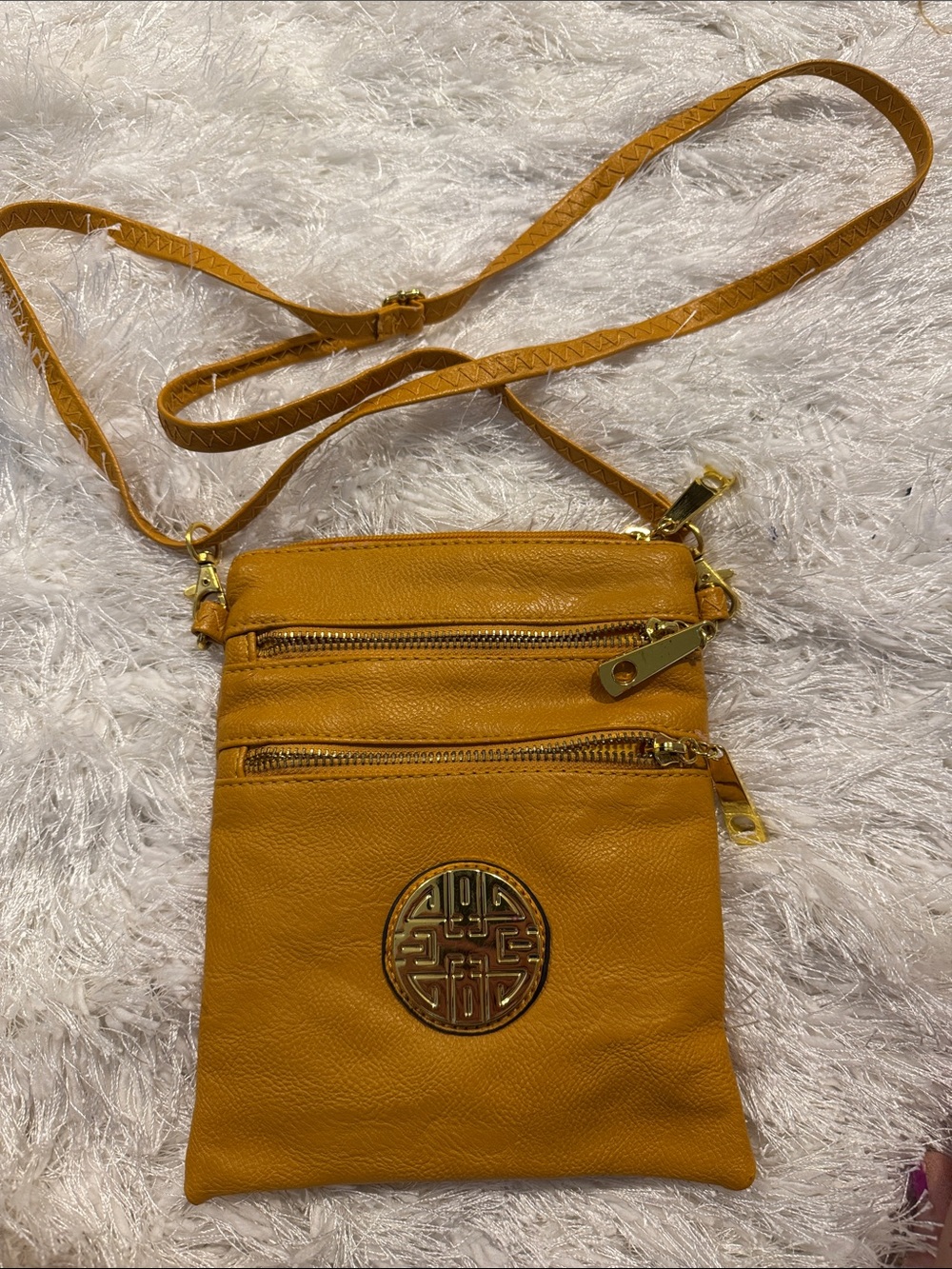 Mustard Yellow Crossbody Leather Shoulder Bag With Medallion